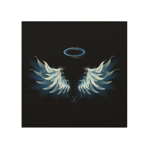 Blue Glowing Angel Wings on black background Wood Wall Art