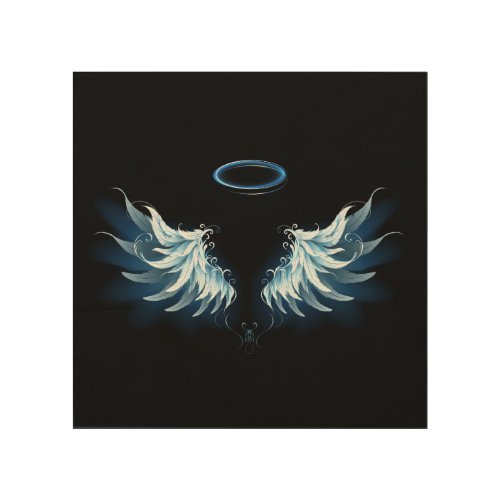 Blue Glowing Angel Wings on black background Wood Wall Art
