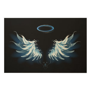 Blue Glowing Angel Wings on black background Wood Wall Art