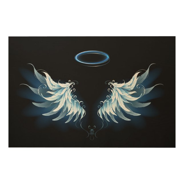 Blue Glowing Angel Wings on black background Wood Wall Art (Front)
