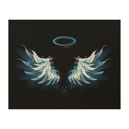 Blue Glowing Angel Wings on black background Wood Wall Art