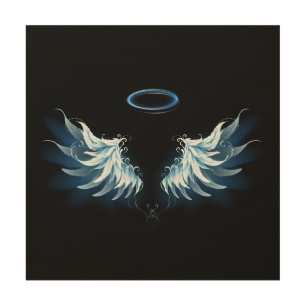 Blue Glowing Angel Wings on black background Wood Wall Art