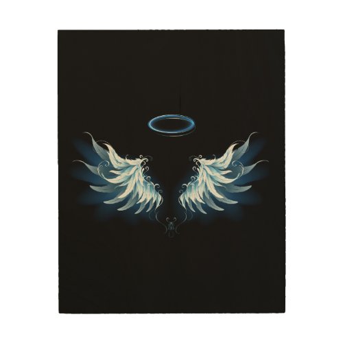 Blue Glowing Angel Wings on black background Wood Wall Art