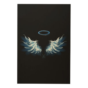 Blue Glowing Angel Wings on black background Wood Wall Art