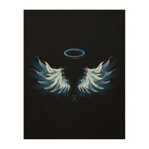 Blue Glowing Angel Wings on black background Wood Wall Art