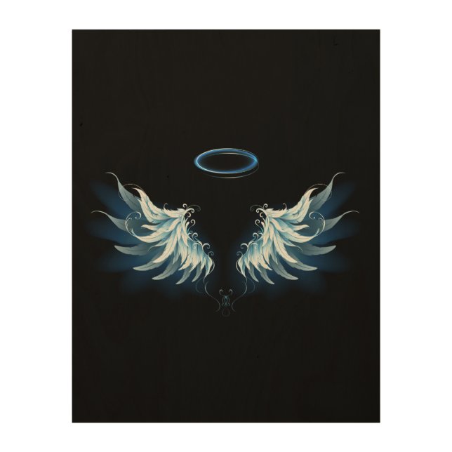 Blue Glowing Angel Wings on black background Wood Wall Art (Front)