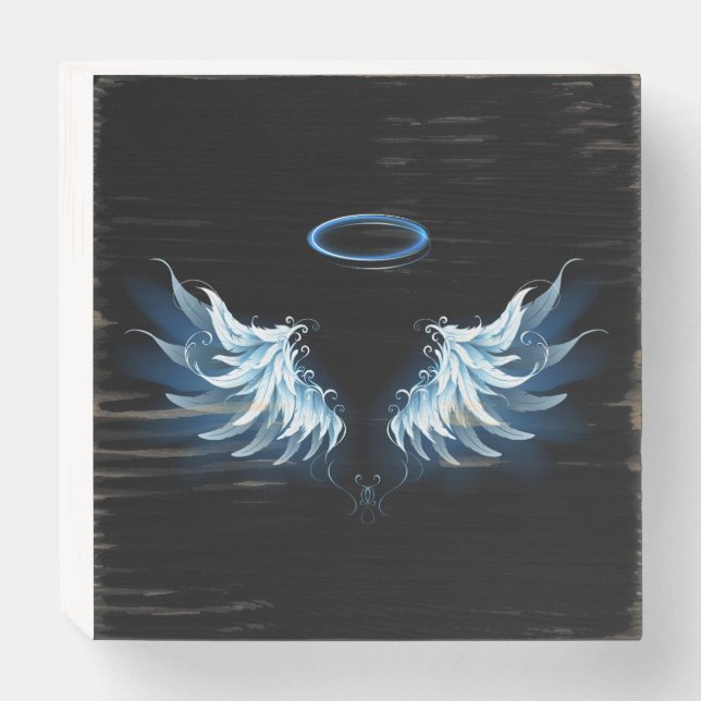 Blue Glowing Angel Wings on black background Wooden Box Sign (Front Horizontal)