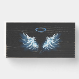 Blue Glowing Angel Wings on black background Wooden Box Sign