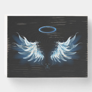 Blue Glowing Angel Wings on black background Wooden Box Sign