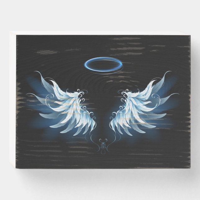Blue Glowing Angel Wings on black background Wooden Box Sign (Front Horizontal)