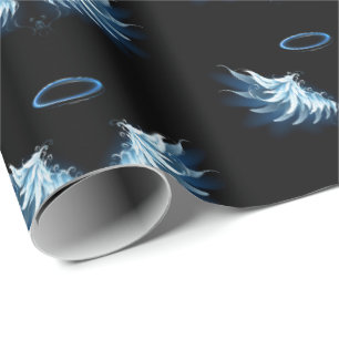 Blue Glowing Angel Wings on black background Wrapping Paper