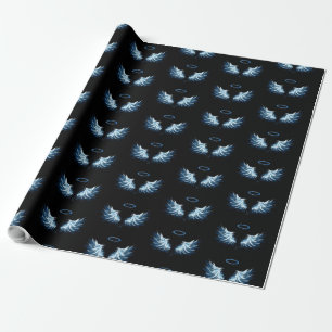 Blue Glowing Angel Wings on black background Wrapping Paper