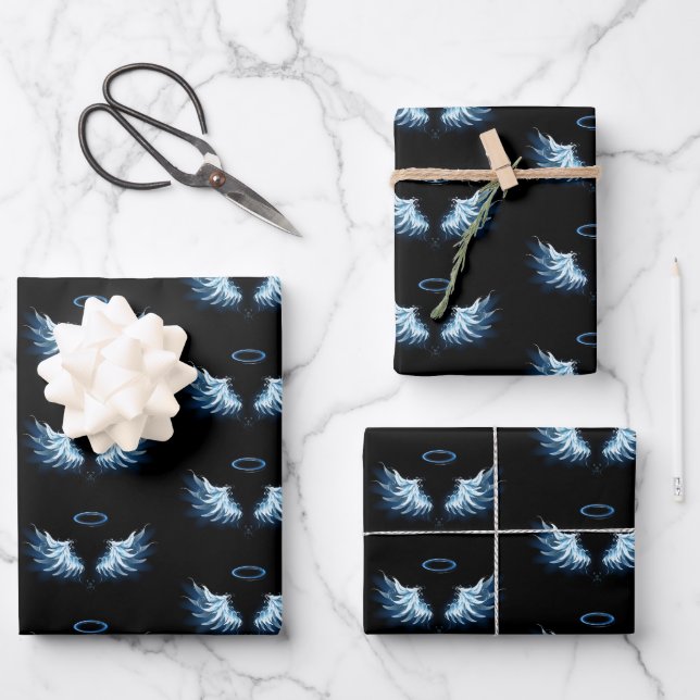 Blue Glowing Angel Wings on black background Wrapping Paper Sheets (Front)
