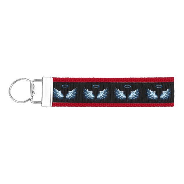 Blue Glowing Angel Wings on black background Wrist Keychain (Keys on Left)
