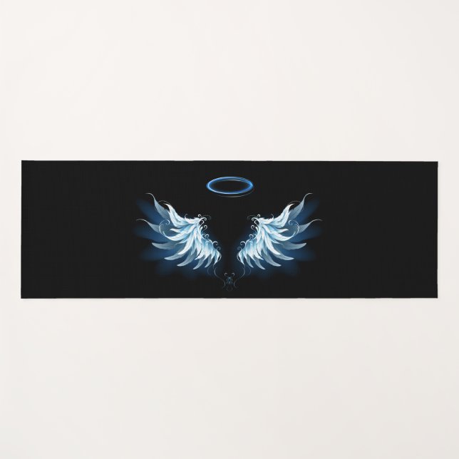 Blue Glowing Angel Wings on black background Yoga Mat (Front (Horizontal))