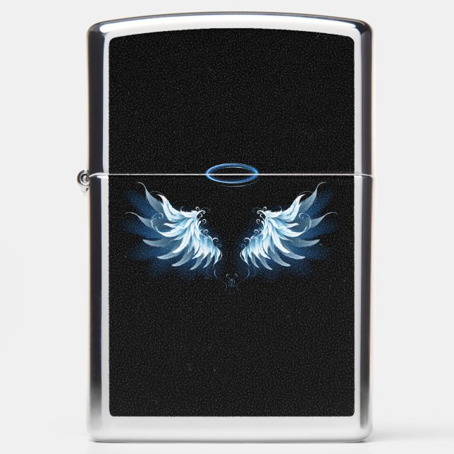 Blue Glowing Angel Wings on black background Zippo Lighter (Front)