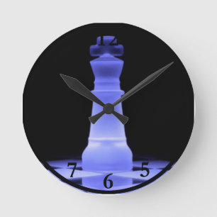 Blue Glowing King Chess Piece Round Clock