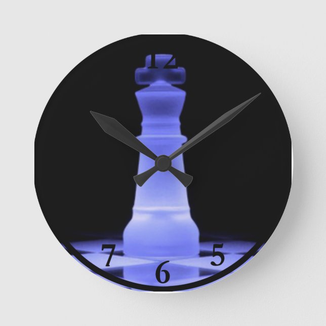 Blue Glowing King Chess Piece Round Clock (Front)