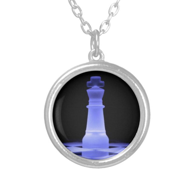 Blue Glowing King Chess Piece Silver Plated Necklace (Front)
