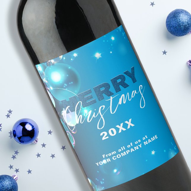 Blue Glowing Ornaments Corporate Christmas Wine Label (Creator Uploaded)