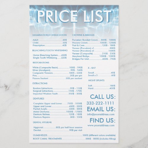 Blue Glowing Teeth Smile Dentist Price List Stationery