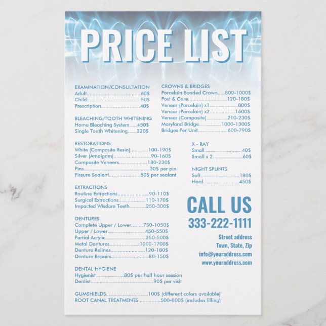 Blue Glowing Teeth Smile Dentist Price List Stationery (Front)