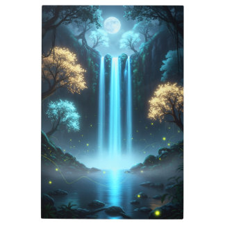 Blue Glowing Waterfall – Fantasy Glow Metal Print