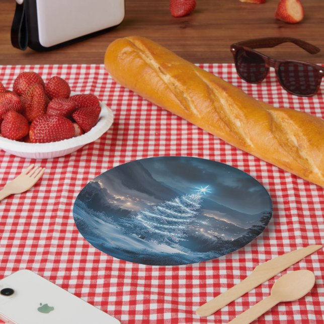 Blue Glowing Winter Night Christmas Tree Paper Plates (Picnic)
