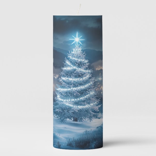 Blue Glowing Winter Night Christmas Tree Pillar Candle (Front)