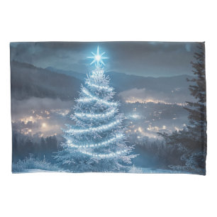 Blue Glowing Winter Night Christmas Tree Pillow Case
