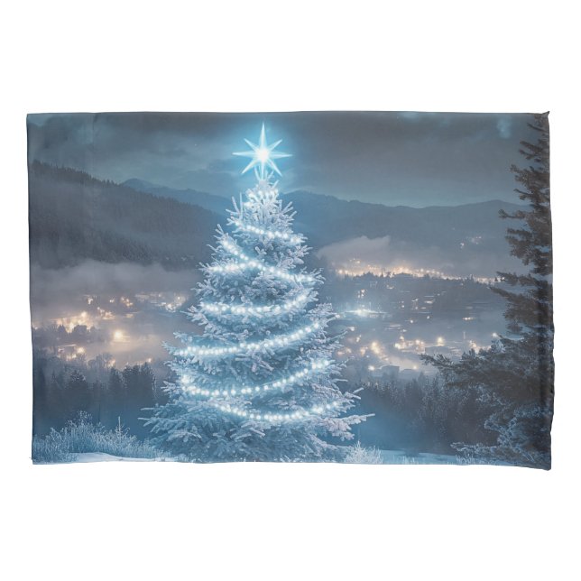 Blue Glowing Winter Night Christmas Tree Pillow Case (Front)