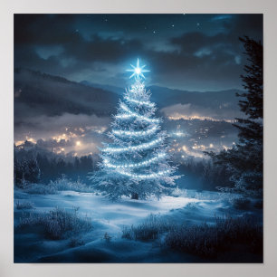 Blue Glowing Winter Night Christmas Tree Poster