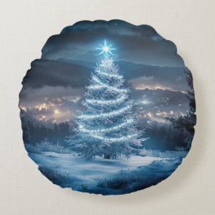 Blue Glowing Winter Night Christmas Tree Round Pillow