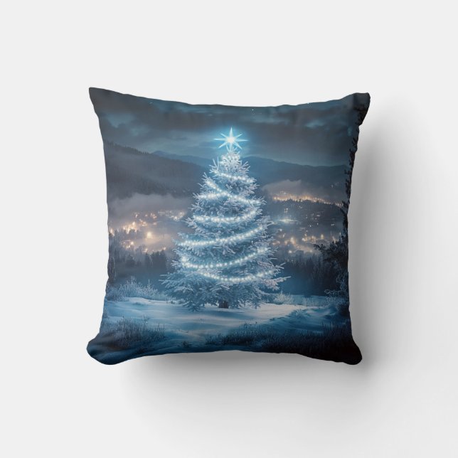 Blue Glowing Winter Night Christmas Tree Throw Pillow (Front)