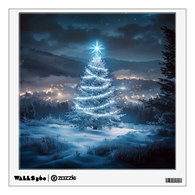 Blue Glowing Winter Night Christmas Tree Wall Decal (Front)
