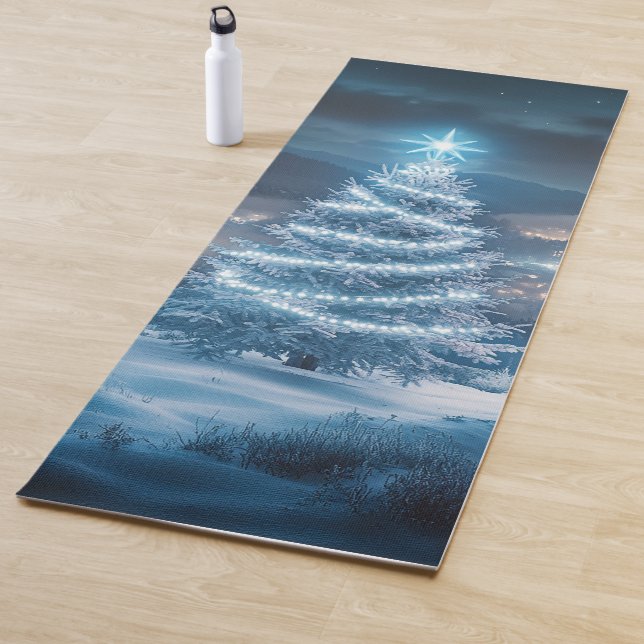 Blue Glowing Winter Night Christmas Tree Yoga Mat (In Situ)
