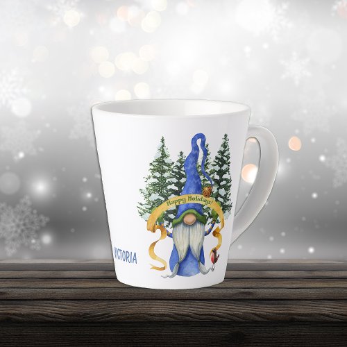 Blue Gnome Holiday Wishes Personalized Latte Mug