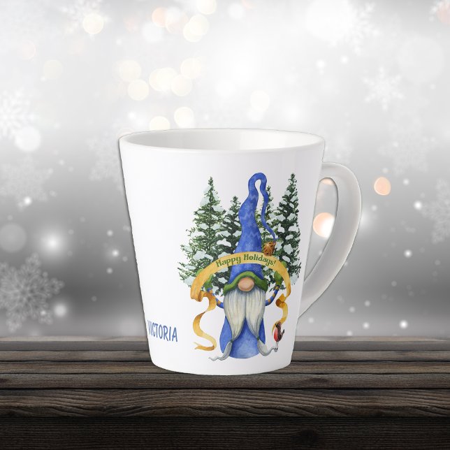 Blue Gnome Holiday Wishes Personalized Latte Mug (Creator Uploaded)