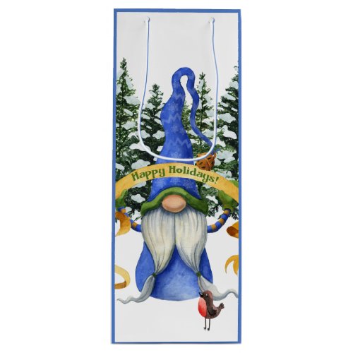 Blue Gnome Holiday Wishes Wine Gift Bag