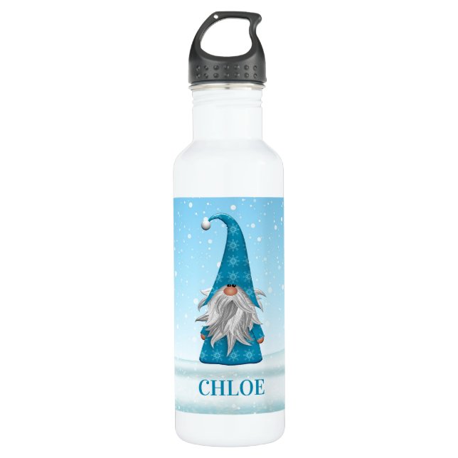 Blue Gnome on Snow Stainless Steel Water Bottle (Front)