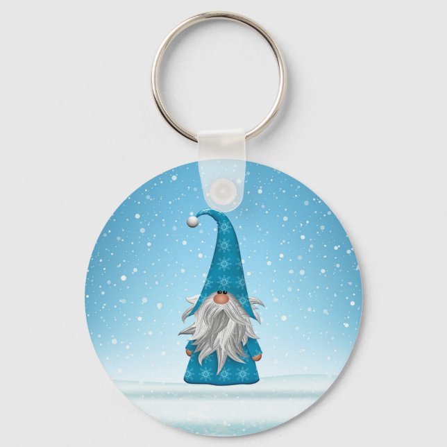 Blue Gnome On the Snow Keychain (Front)