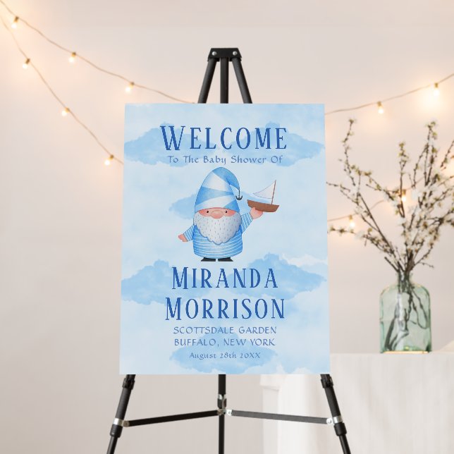 Blue Gnome Sailboat Clouds Baby Shower Welcome Foam Board (In Situ (Stand))