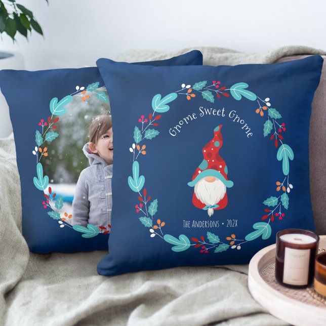 Blue Gnome Sweet Gnome Elf Photo Floral Wreath Throw Pillow (Creator Uploaded)