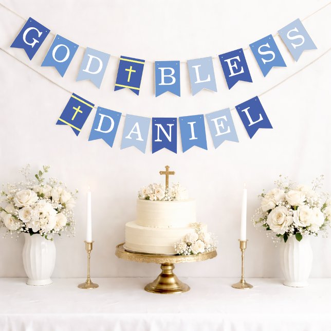 Blue God Bless 6 Letters Name Baptism Communion Bunting Flags (Creator Uploaded)