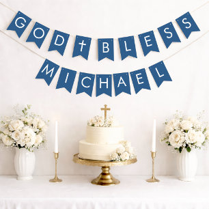 Blue God Bless 7 Letters Name Baptism Communion Bunting Flags