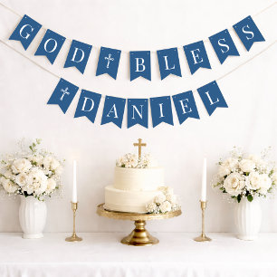 Blue God Bless Boy 6 Letter Name Baptism Communion Bunting Flags