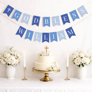 Blue God Bless Name 7 Letters Baptism Communion Bunting Flags