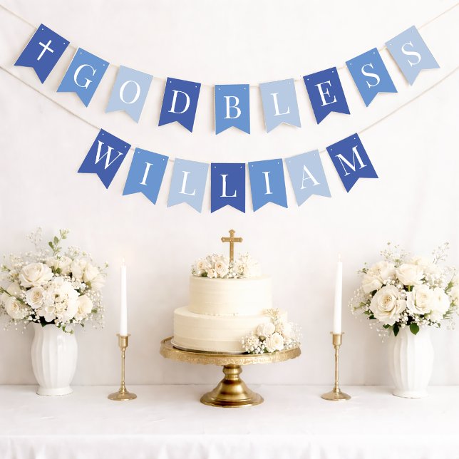 Blue God Bless Name 7 Letters Baptism Communion Bunting Flags (Creator Uploaded)