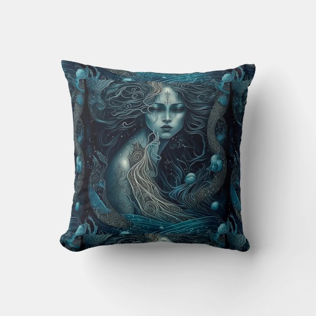 Blue Goddess Mermaid Girly Glam Throw Pillow (Front)