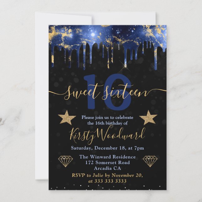 Blue & Goid Galaxy Marble Sweet Sixteen Invitation (Front)